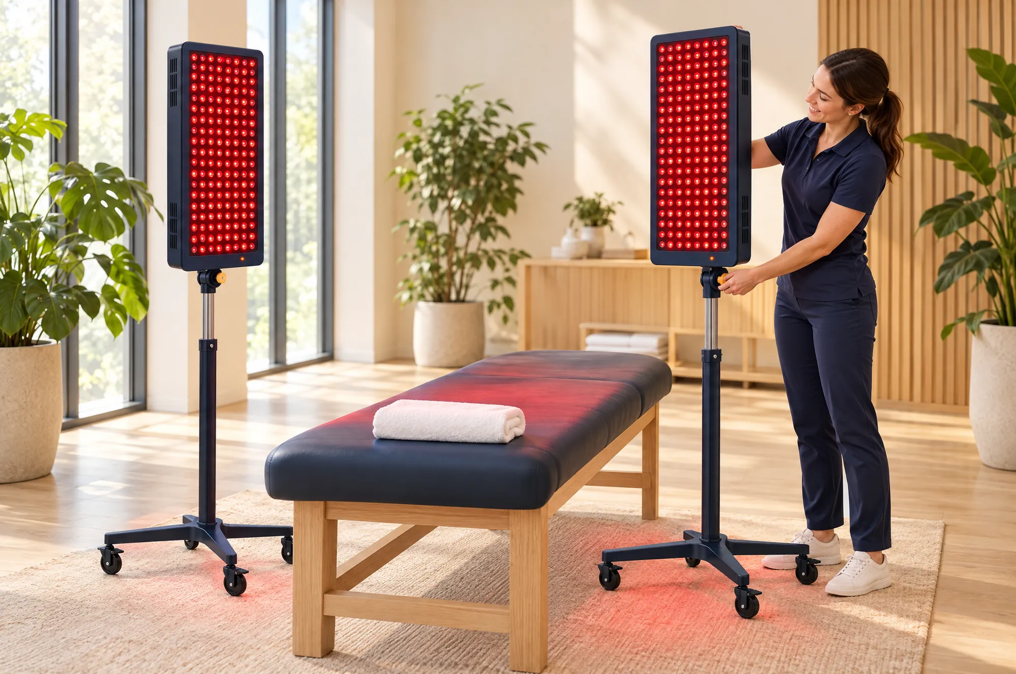 Two Solbeam panels on floor stands in a bright recovery studio